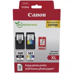 Tinteiro Canon Pack Photo Value PG-560XL Preto, CL-561XL Tricolor e Papel Fotográfico Gloss