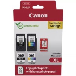 Tinteiro Canon Pack Photo Value PG-560XL Preto, CL-561XL Tricolor e Papel Fotográfico Gloss