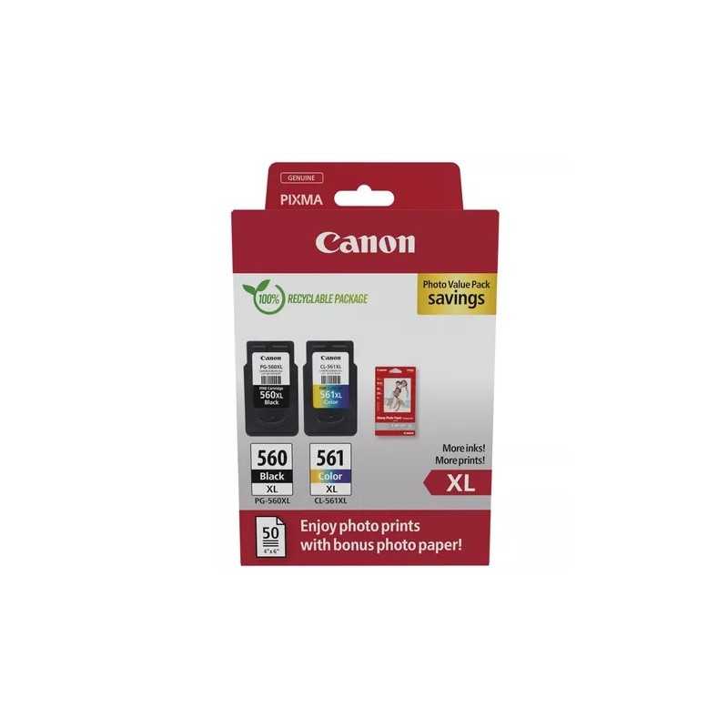 Tinteiro Canon Pack Photo Value PG-560XL Preto, CL-561XL Tricolor e Papel Fotográfico Gloss
