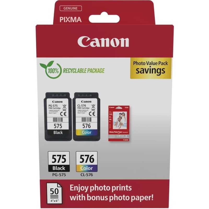Tinteiro Original Canon Pack PG-575 + CL-576 + 50 Folhas Papel Fotografico