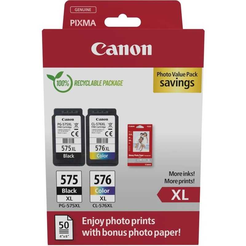 Tinteiro Original Canon Pack PG-575XL + CL-576XL + 50 Folhas Papel Fotográfico